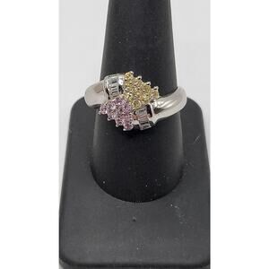 Marked 925 Pink Yellow Rhinestone Ring Silver Tone Magnetic Sz 10.25